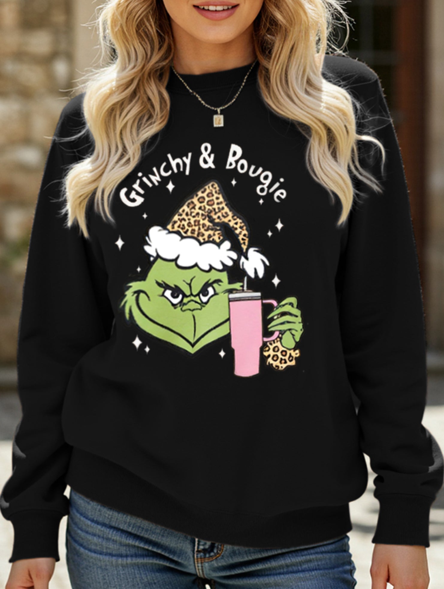 New Christmas leopard print crew neck sweatshirt