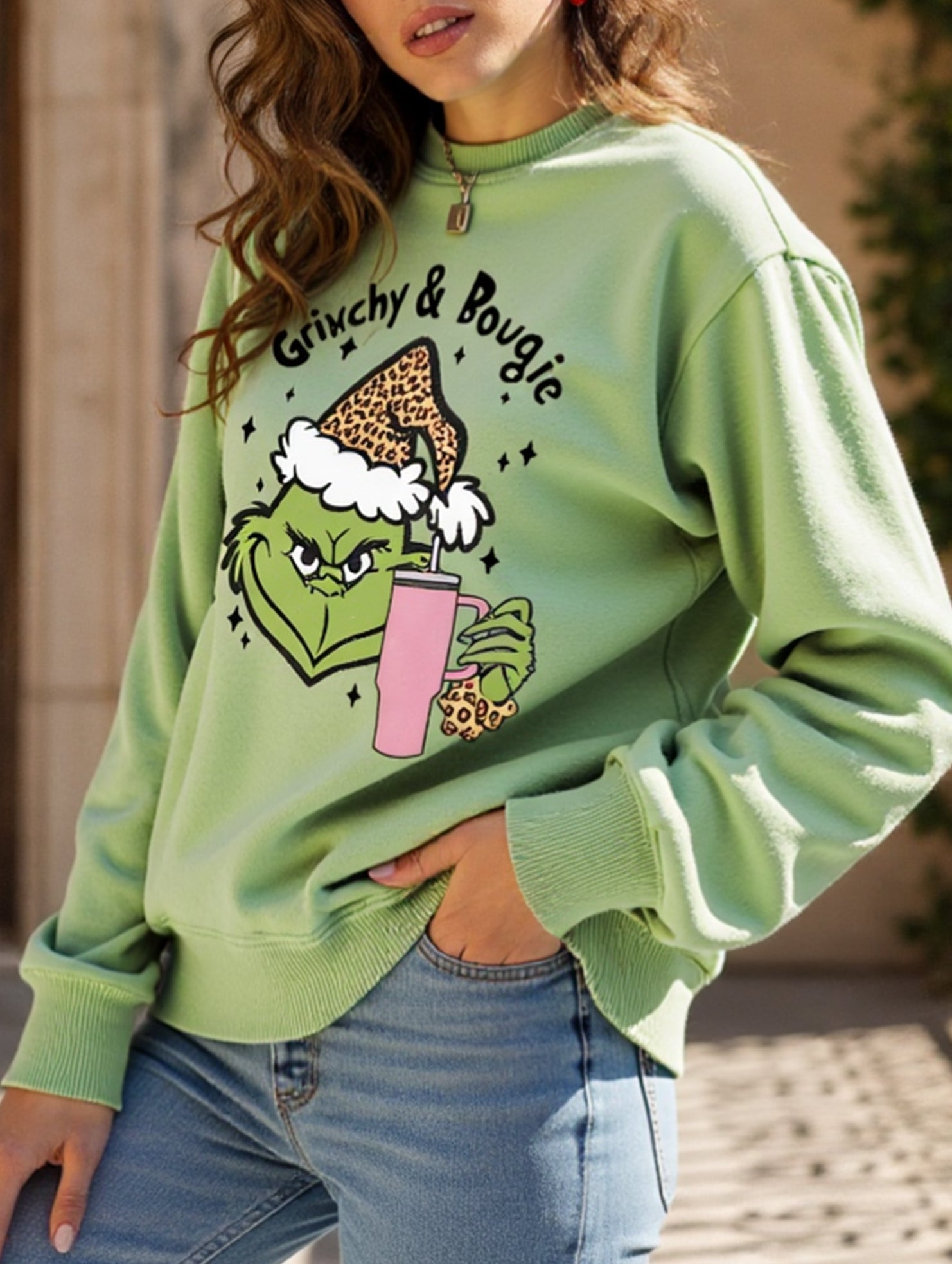 New Christmas leopard print crew neck sweatshirt