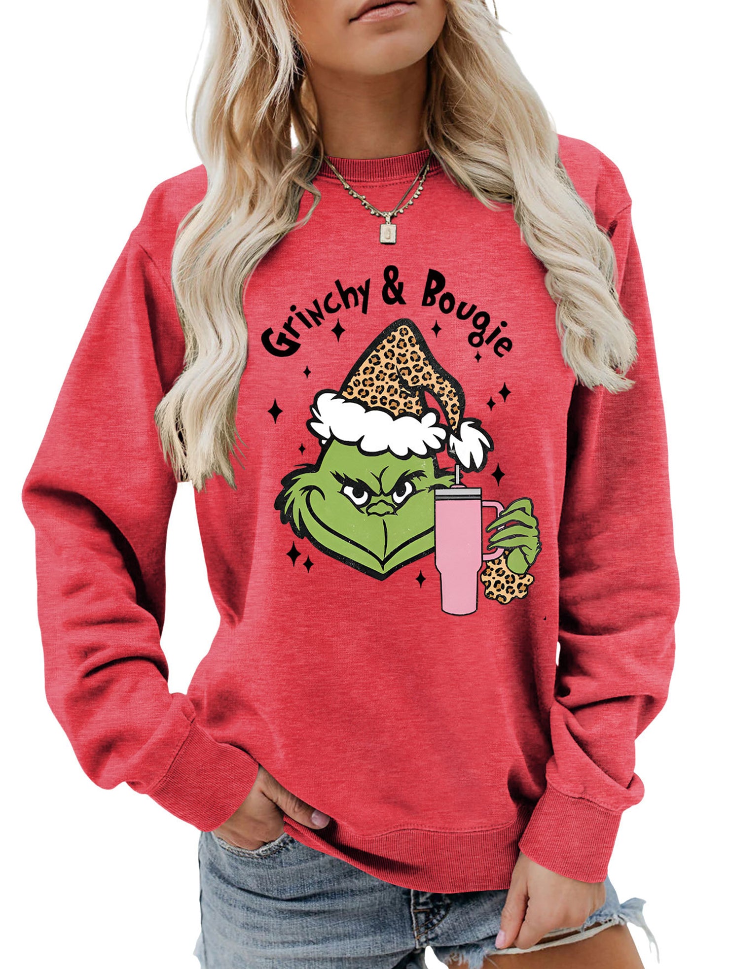 New Christmas leopard print crew neck sweatshirt