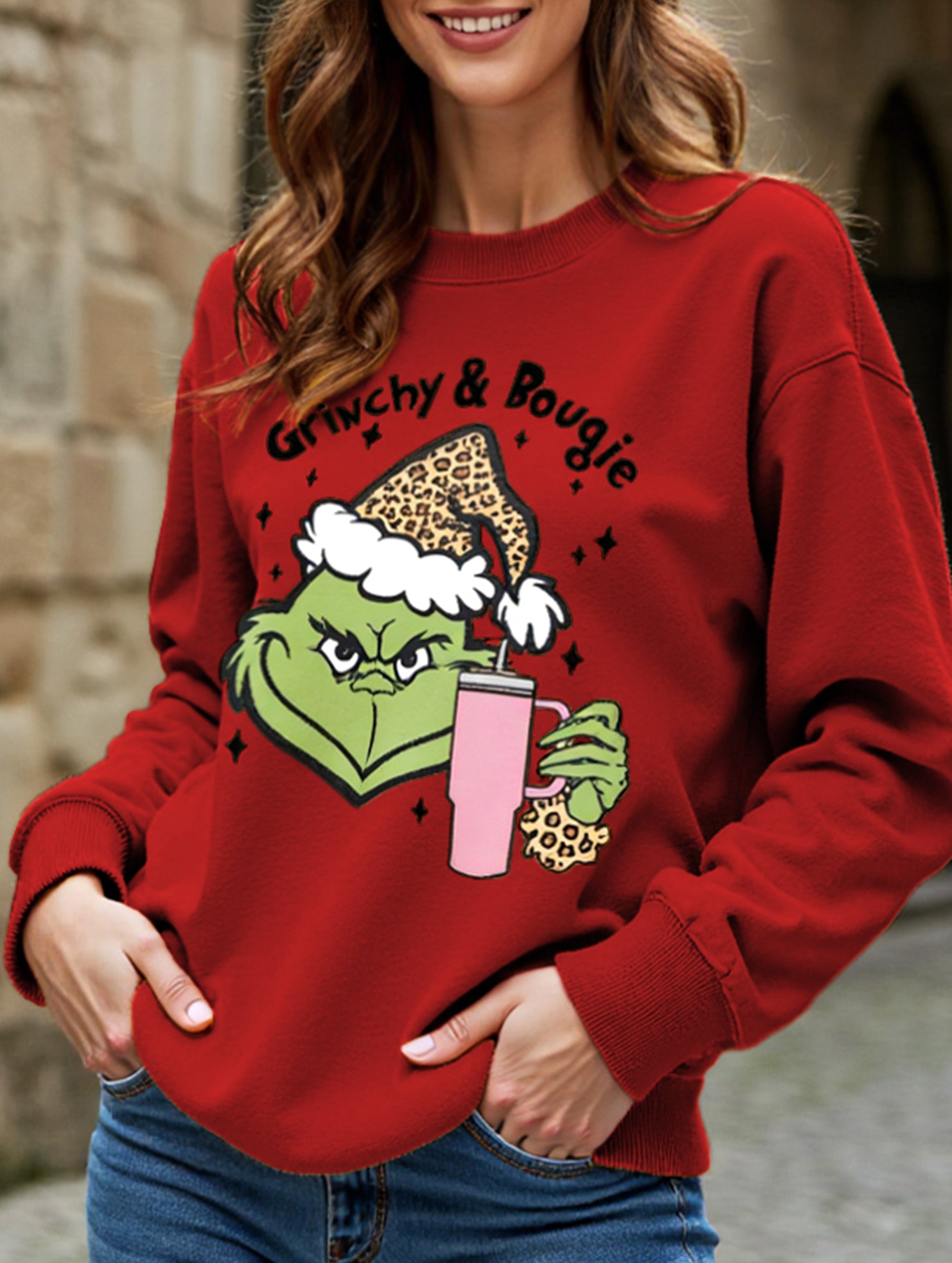 New Christmas leopard print crew neck sweatshirt