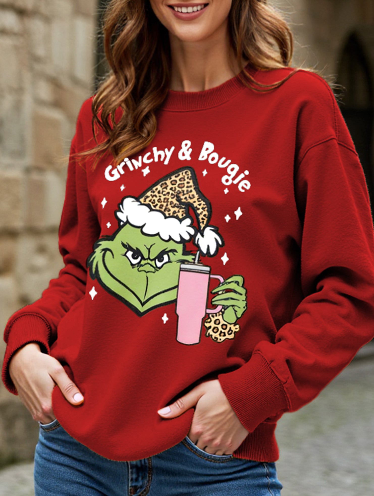 New Christmas leopard print crew neck sweatshirt