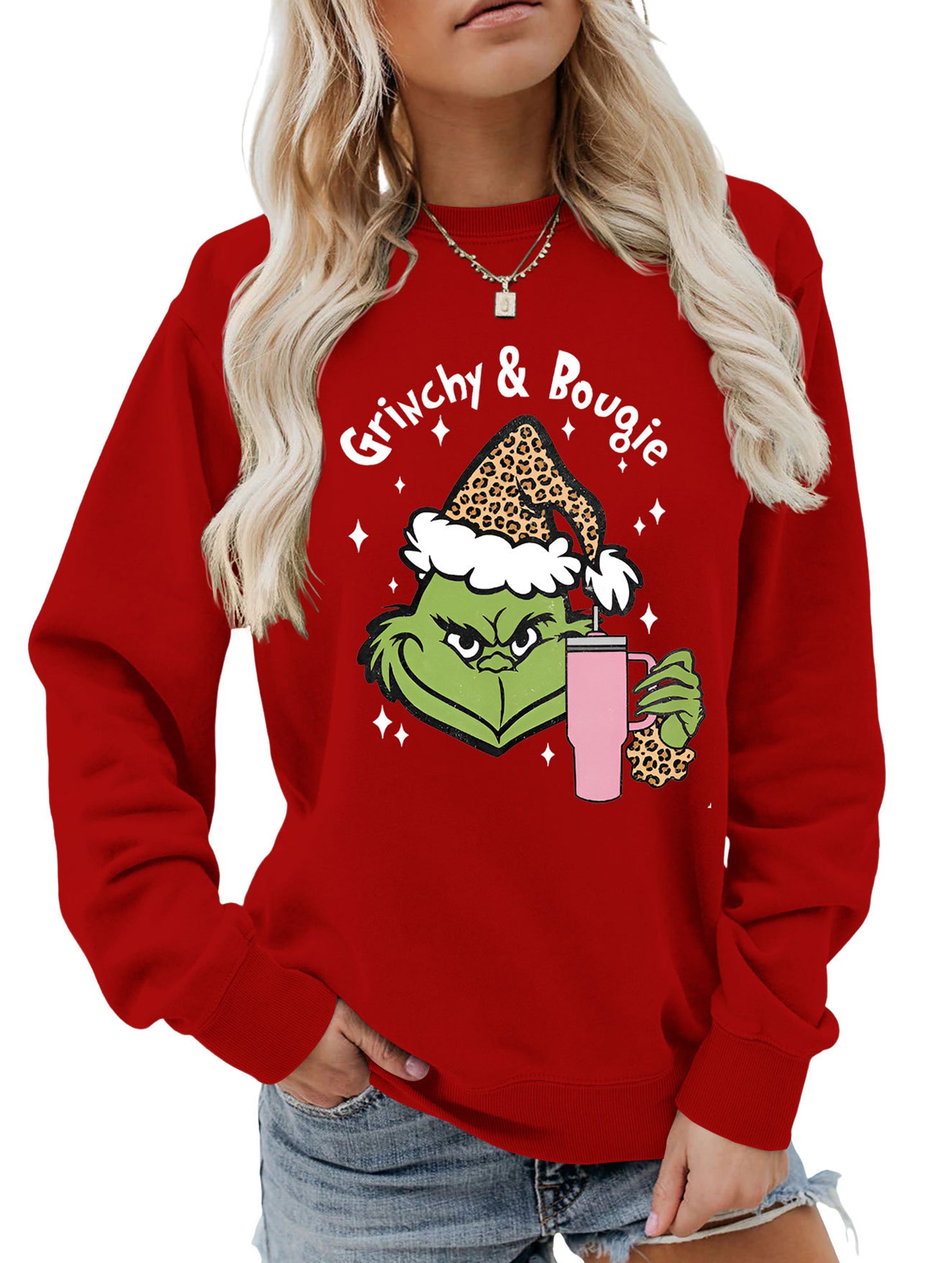 New Christmas leopard print crew neck sweatshirt