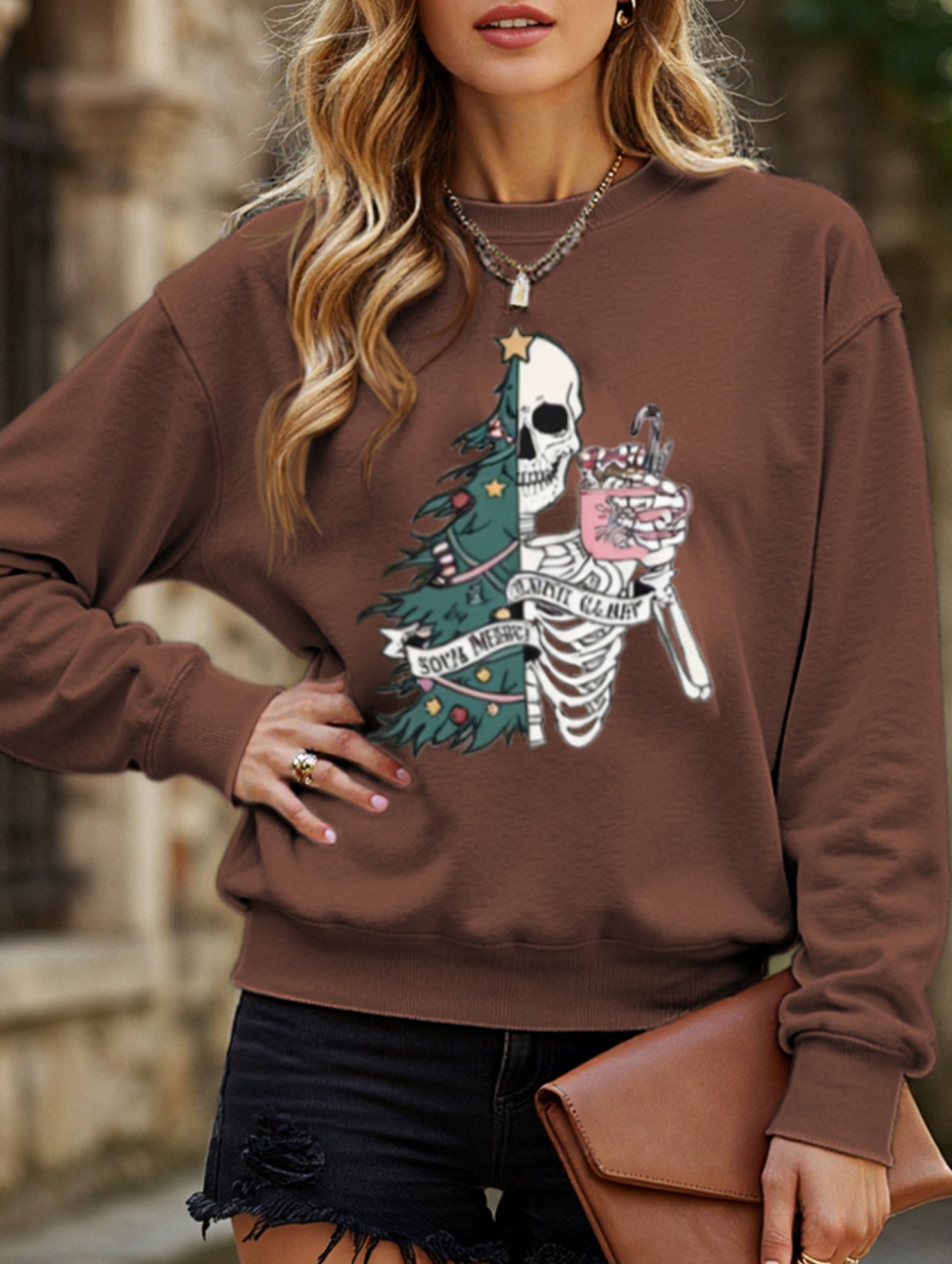 Stylish Crew Neck Christmas Long-Sleeve Sweatshirt