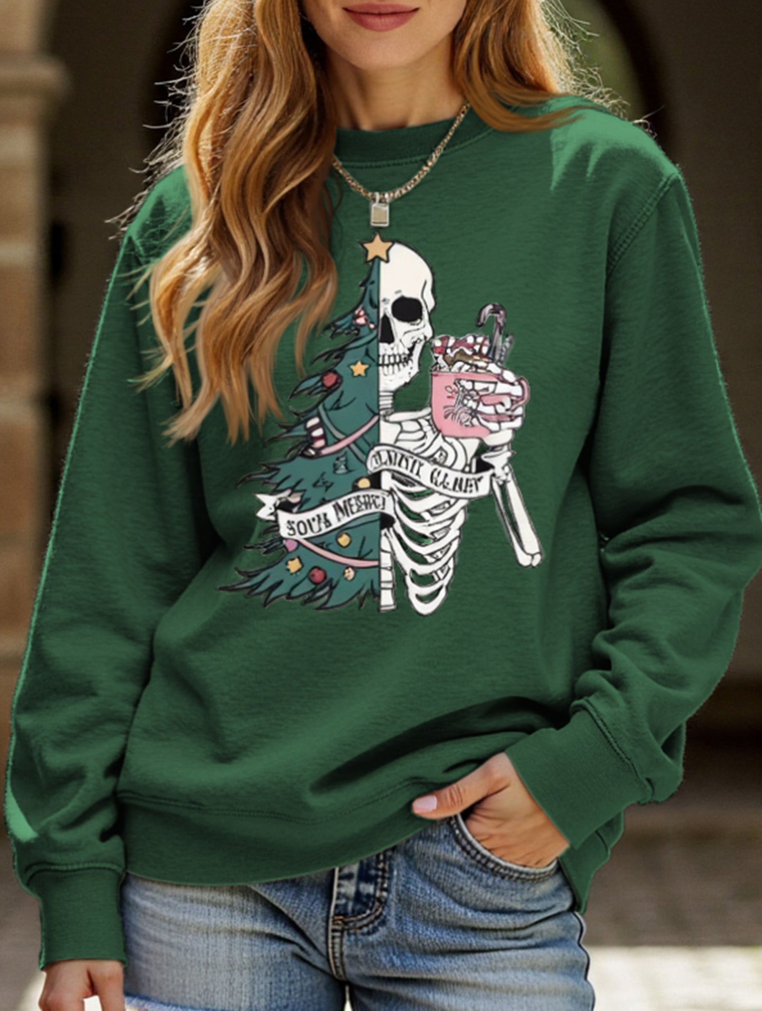 Stylish Crew Neck Christmas Long-Sleeve Sweatshirt