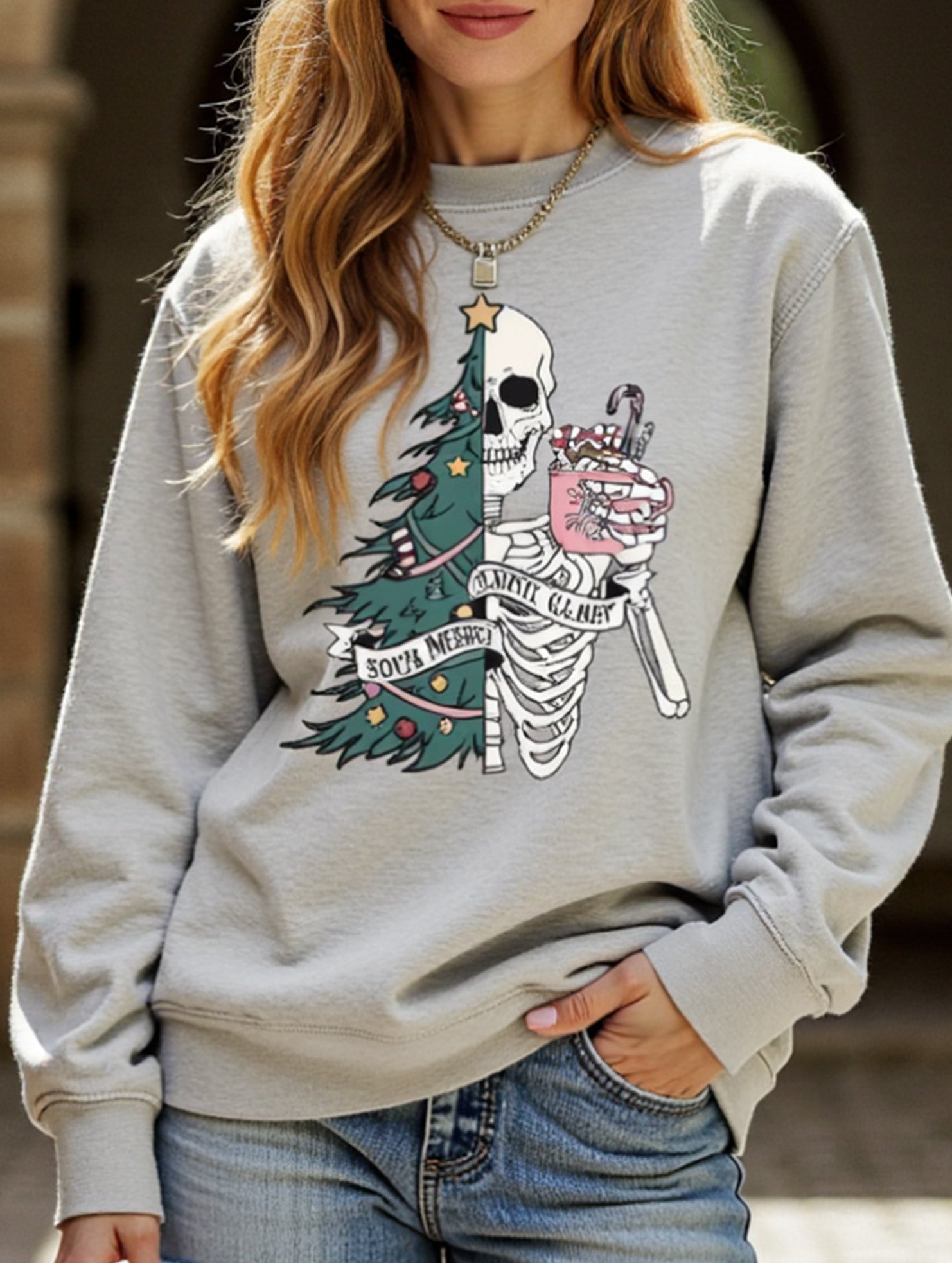 Stylish Crew Neck Christmas Long-Sleeve Sweatshirt