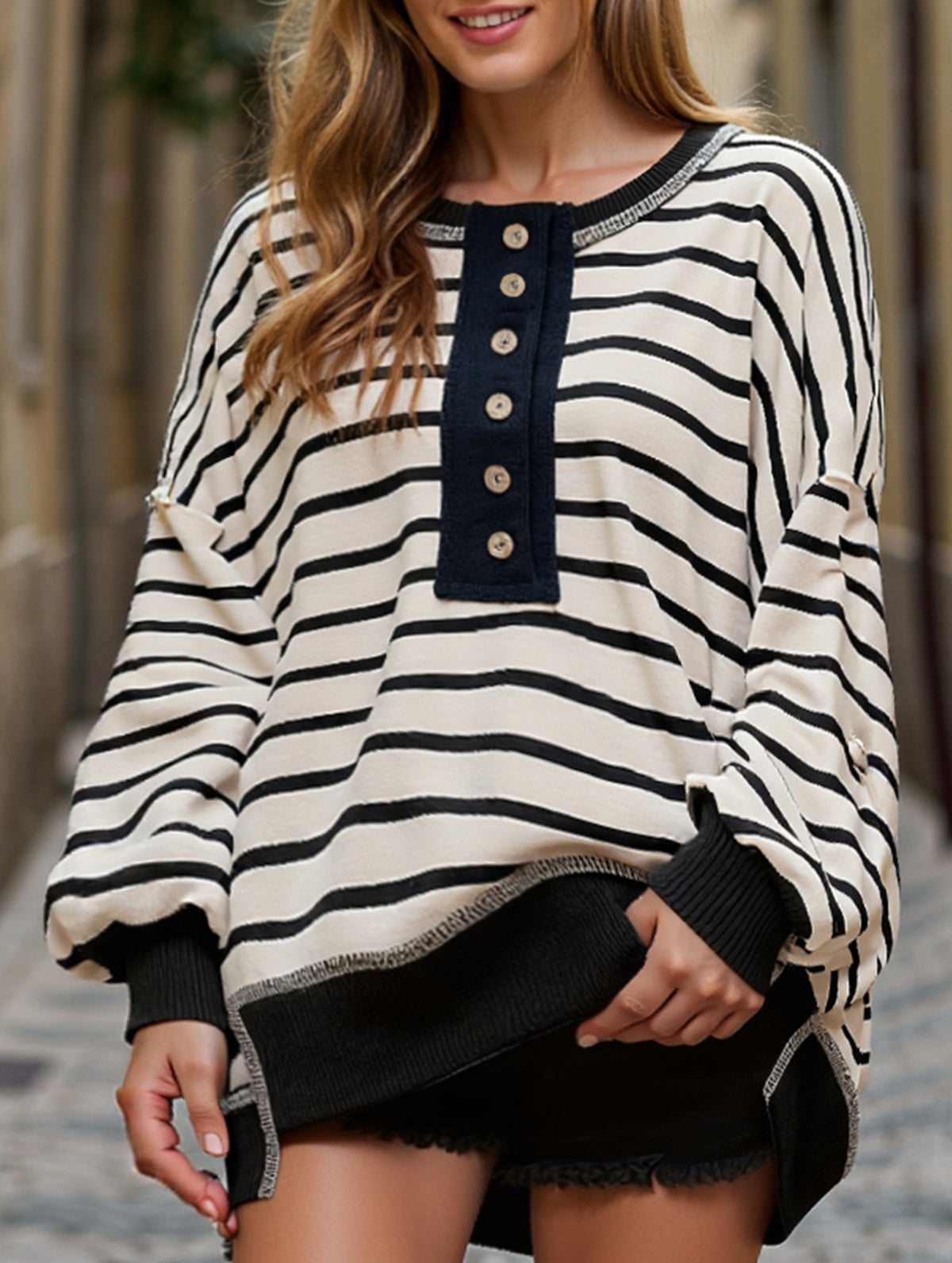 V-neck color-blocked striped loose shirt
