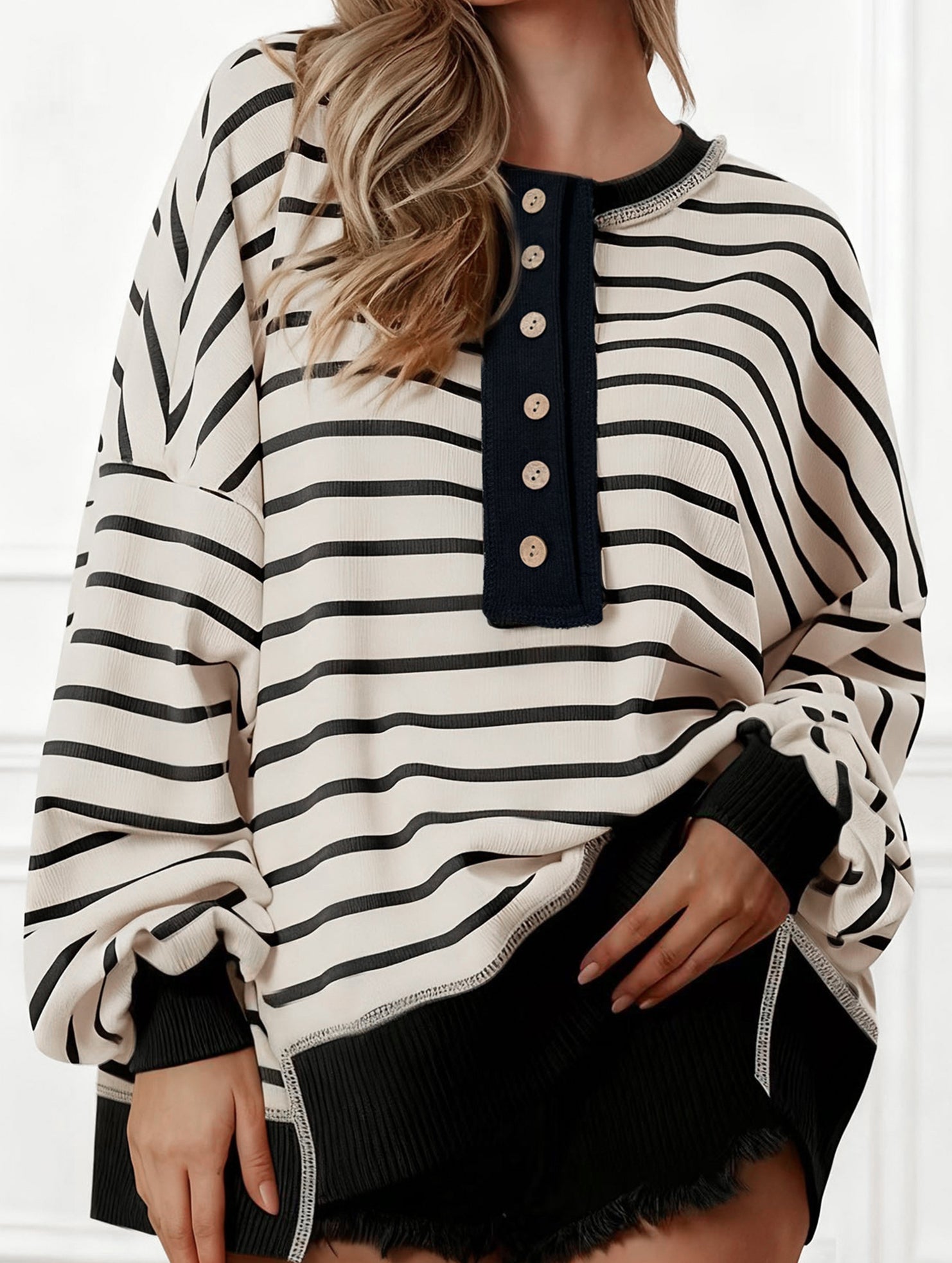 V-neck color-blocked striped loose shirt