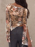 Off-the-shoulder floral print slit asymmetrical shirt