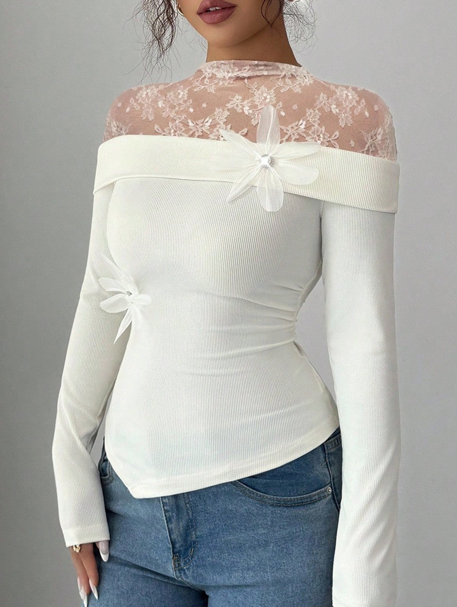 Stylish lace stand-up collar patchwork T-shirt