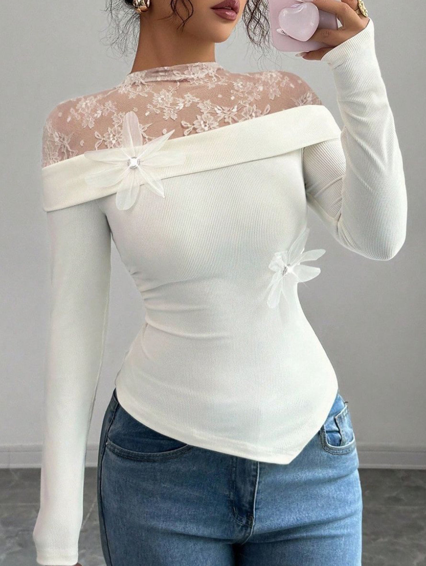 Stylish lace stand-up collar patchwork T-shirt