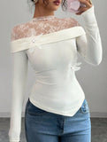 Stylish lace stand-up collar patchwork T-shirt