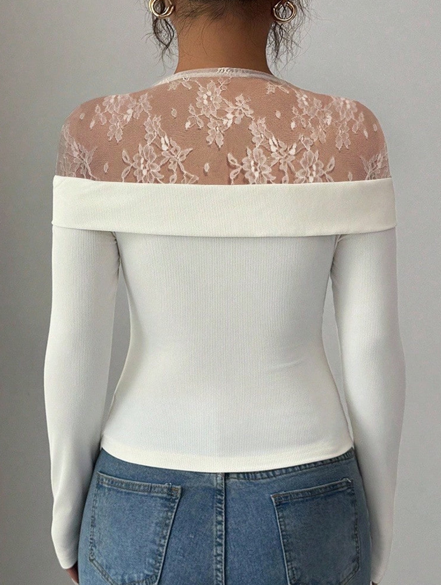 Stylish lace stand-up collar patchwork T-shirt