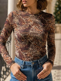 Sexy Leopard Print Sheer Fitted Mesh Shirt