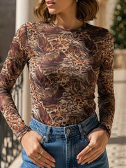 Sexy Leopard Print Sheer Fitted Mesh Shirt