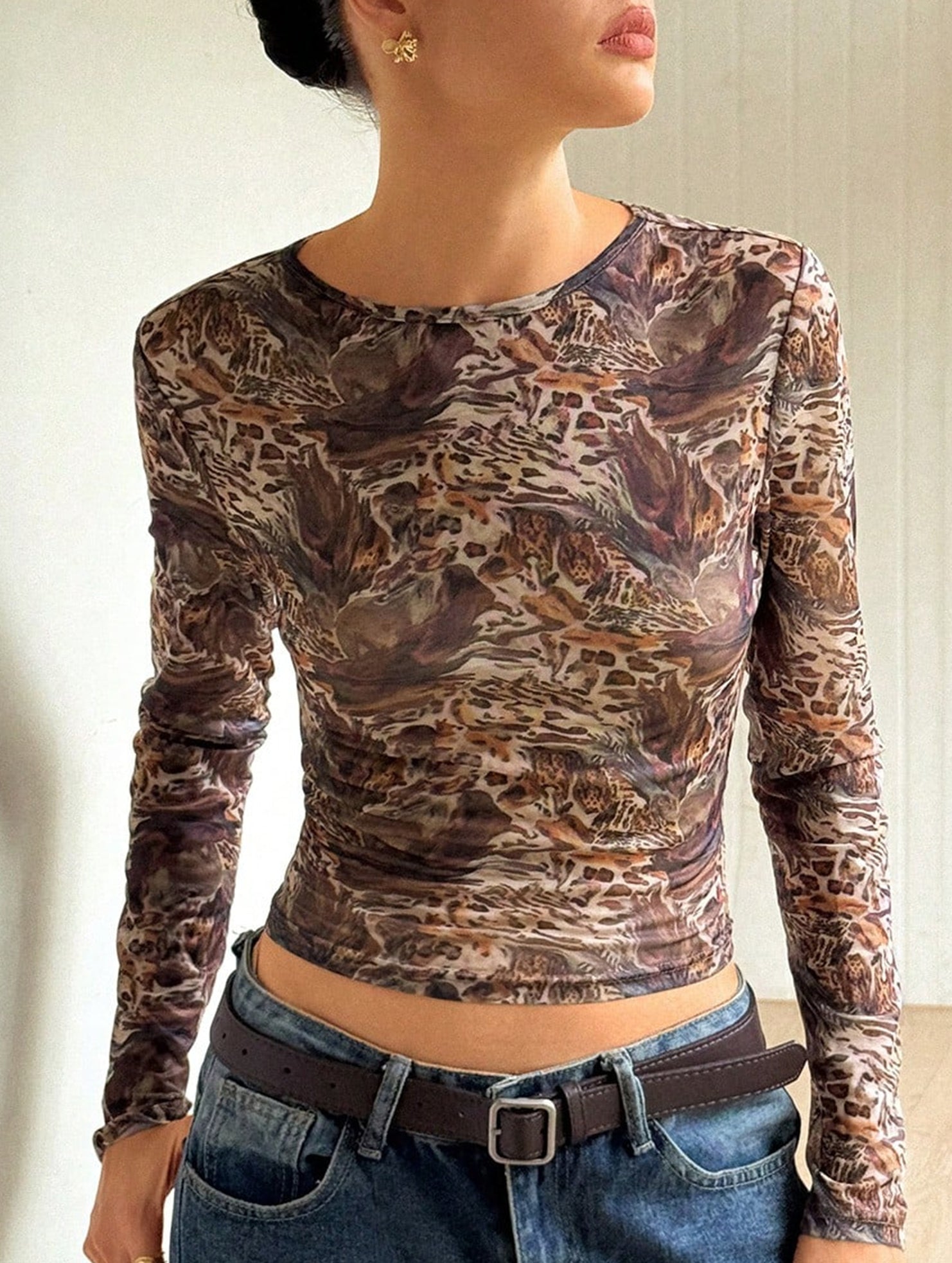 Sexy Leopard Print Sheer Fitted Mesh Shirt