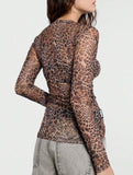 Fashionable mesh round neck leopard print shirt