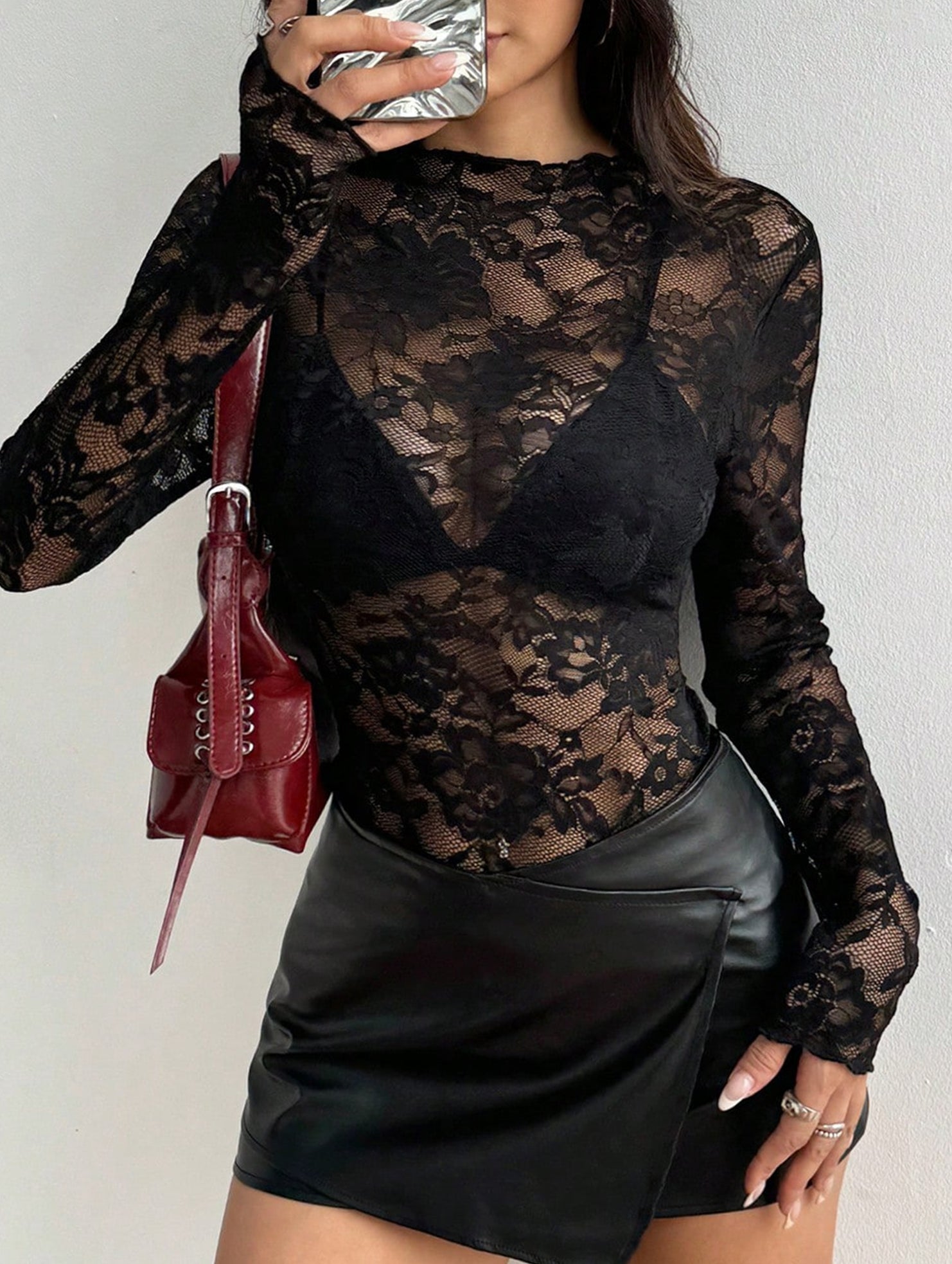 Single-layer long-sleeved thin slim-fit lace shirt