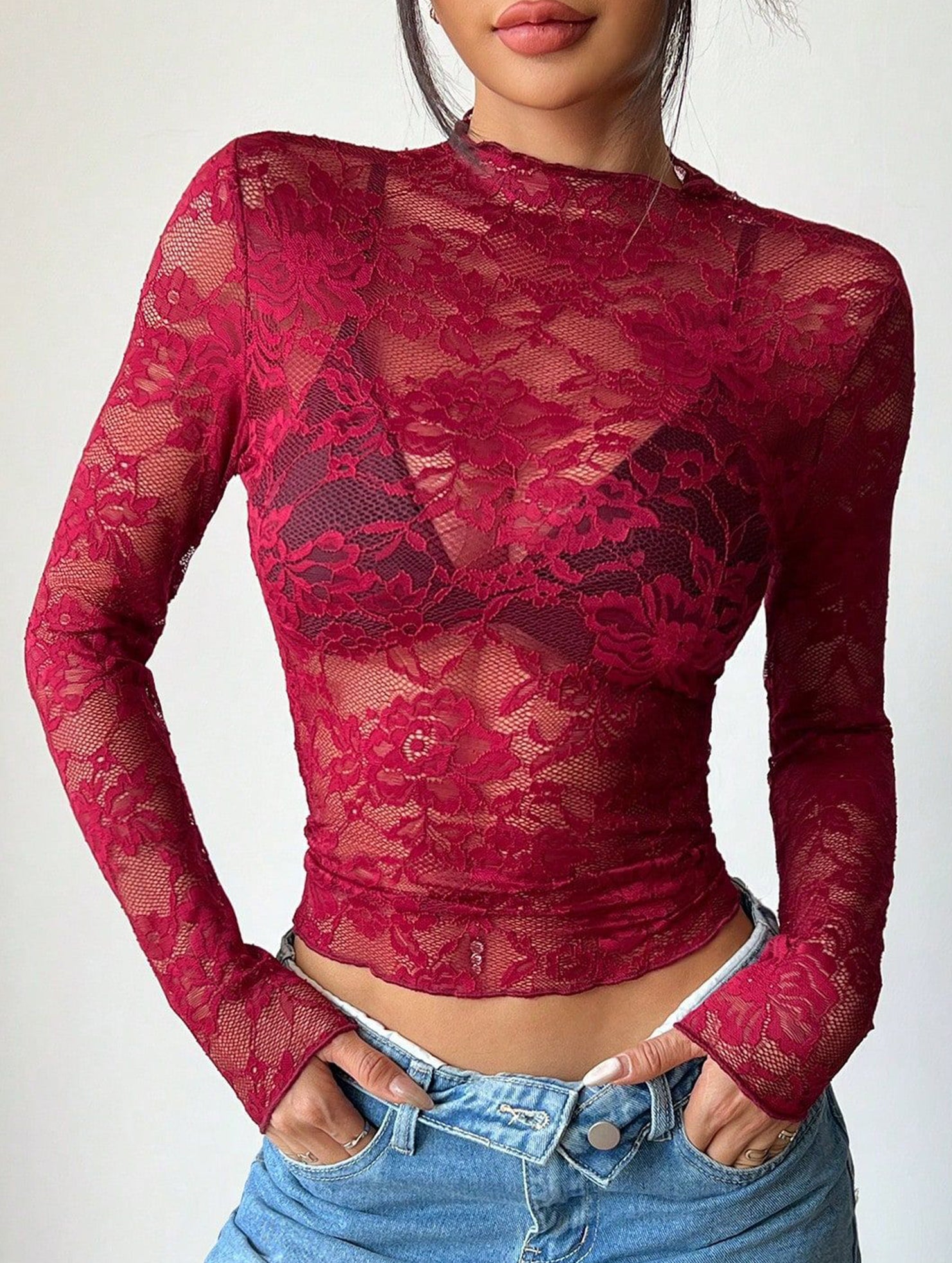 Single-layer long-sleeved thin slim-fit lace shirt