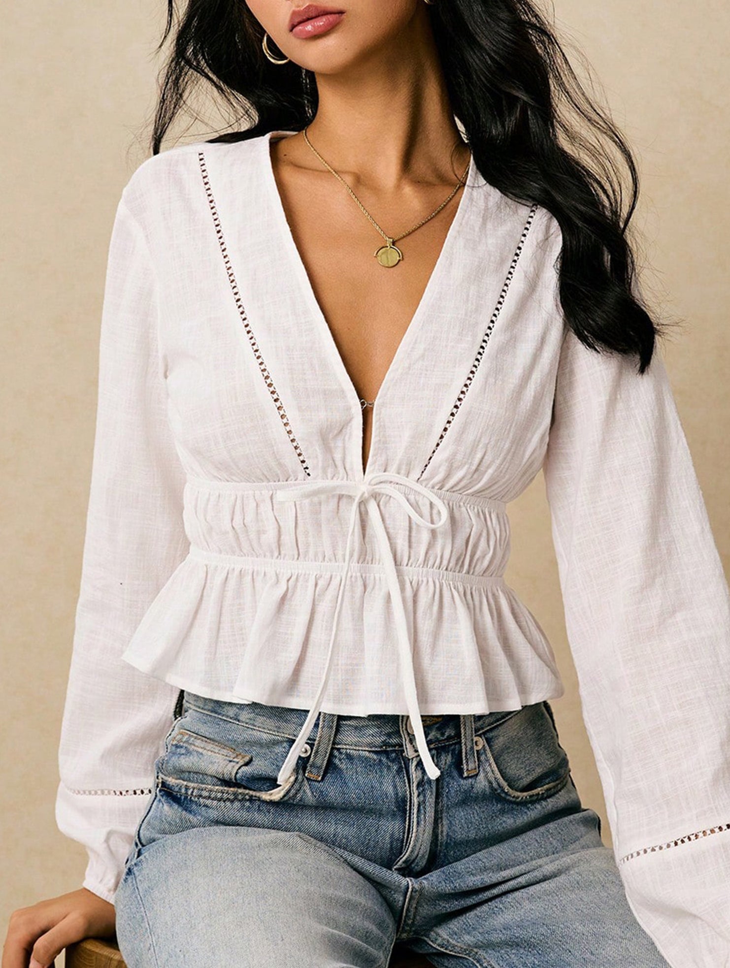 Lace-trimmed deep V-neck ruffled shirt