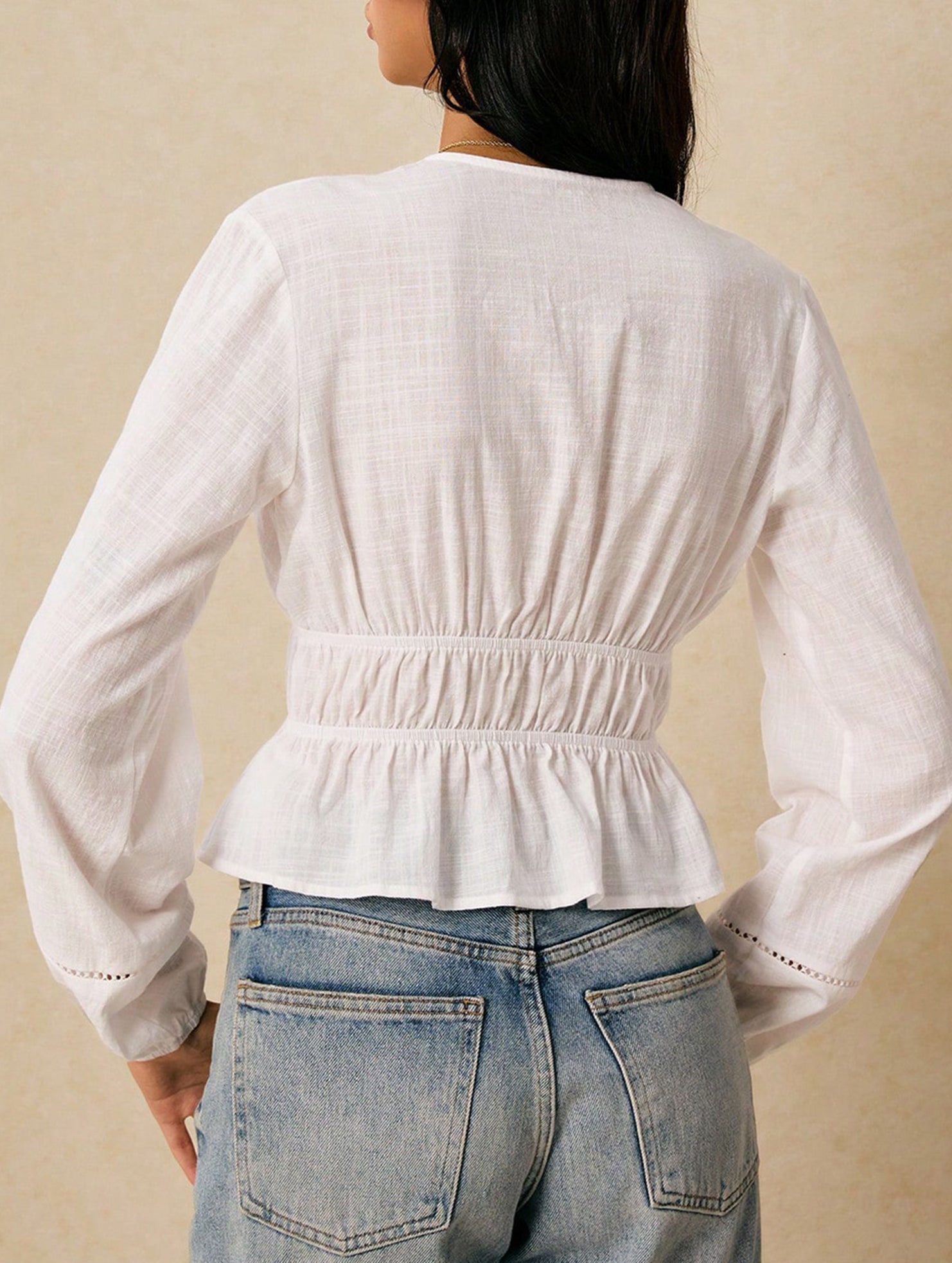 Lace-trimmed deep V-neck ruffled shirt