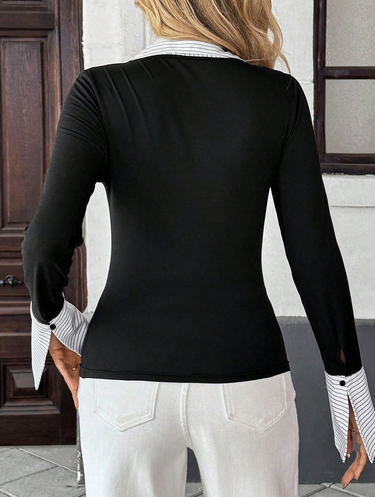 Faux two-piece high street color-blocked knit shirt