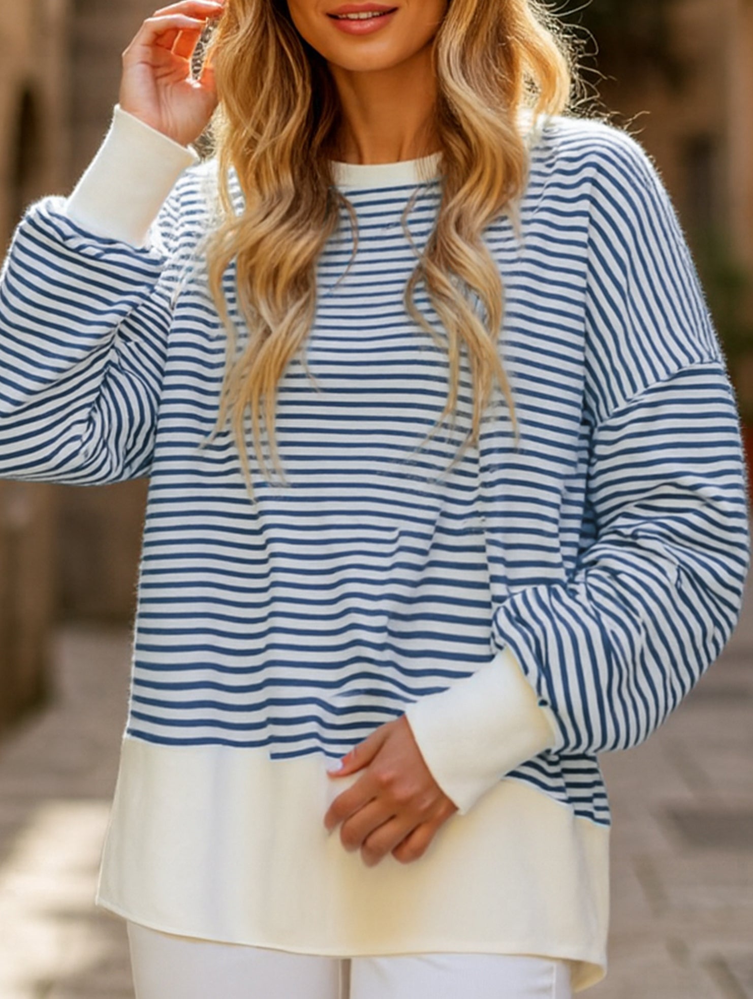 Casual crew neck striped pullover sweatshirt
