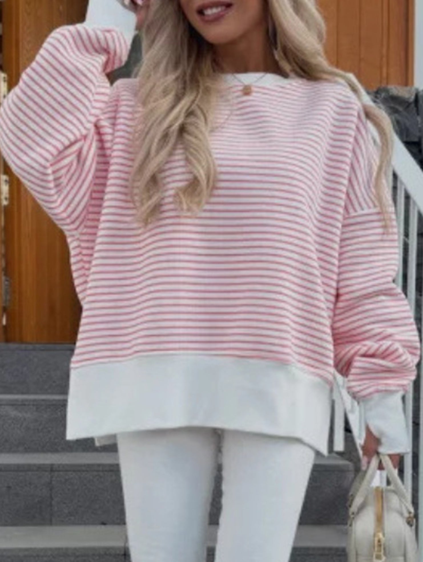 Casual crew neck striped pullover sweatshirt