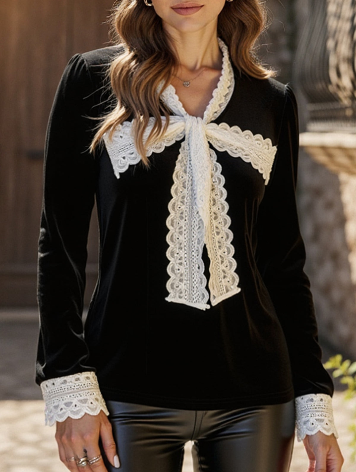 Retro-style patchwork lace trim bow shirt