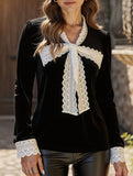 Retro-style patchwork lace trim bow shirt