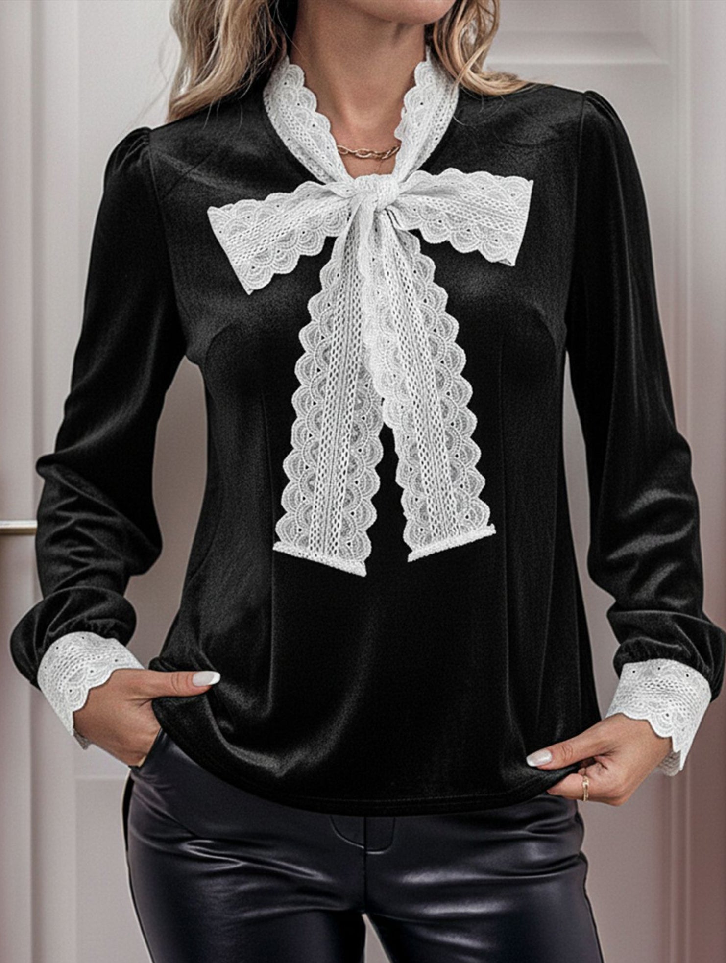 Retro-style patchwork lace trim bow shirt