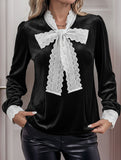 Retro-style patchwork lace trim bow shirt