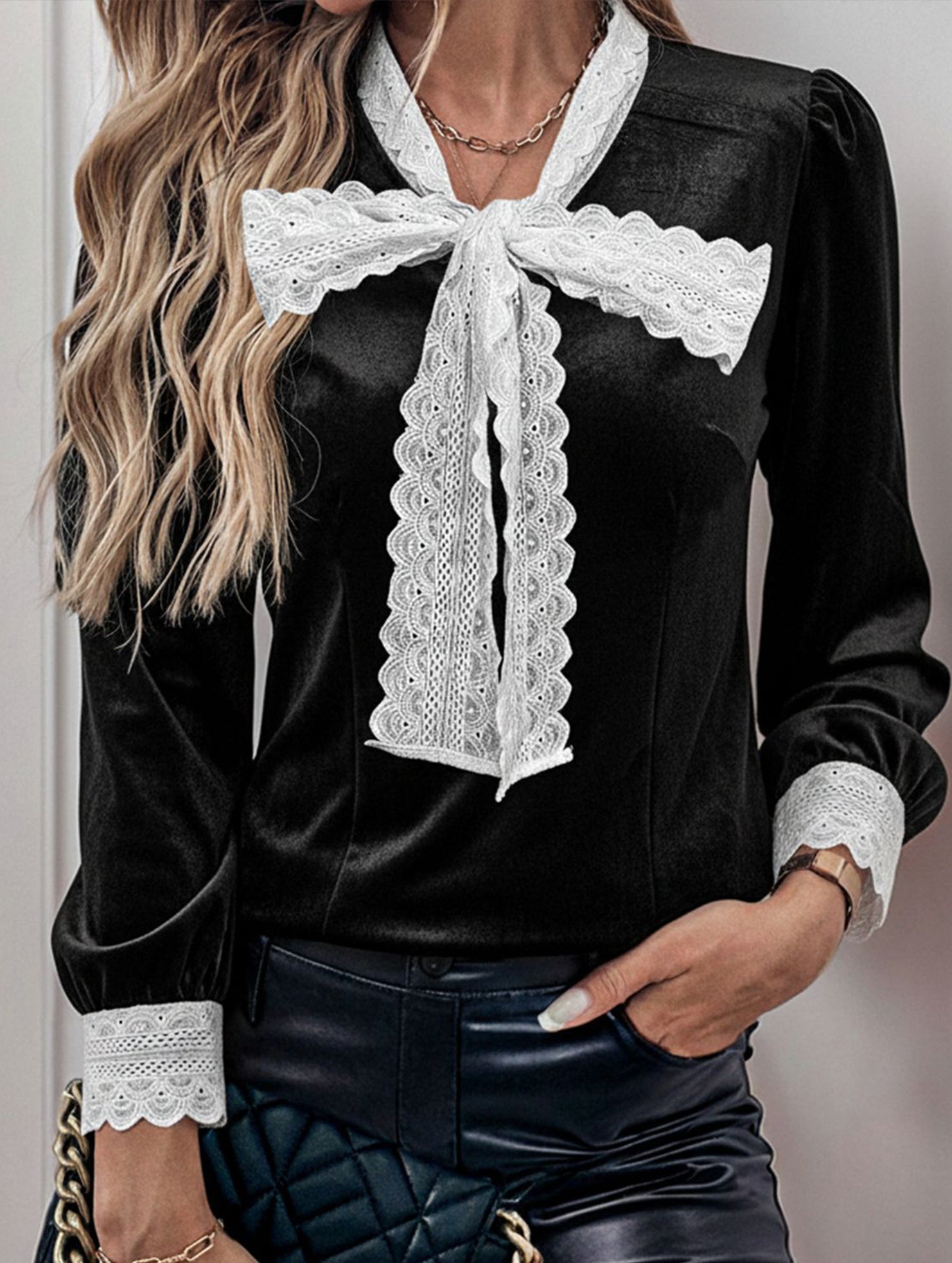 Retro-style patchwork lace trim bow shirt