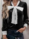 Retro-style patchwork lace trim bow shirt