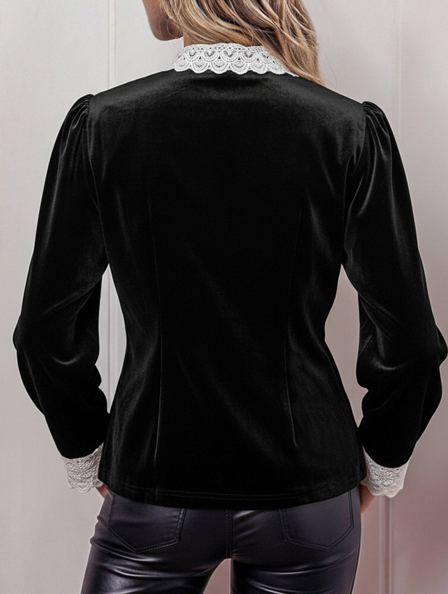 Retro-style patchwork lace trim bow shirt