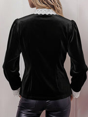 Retro-style patchwork lace trim bow shirt
