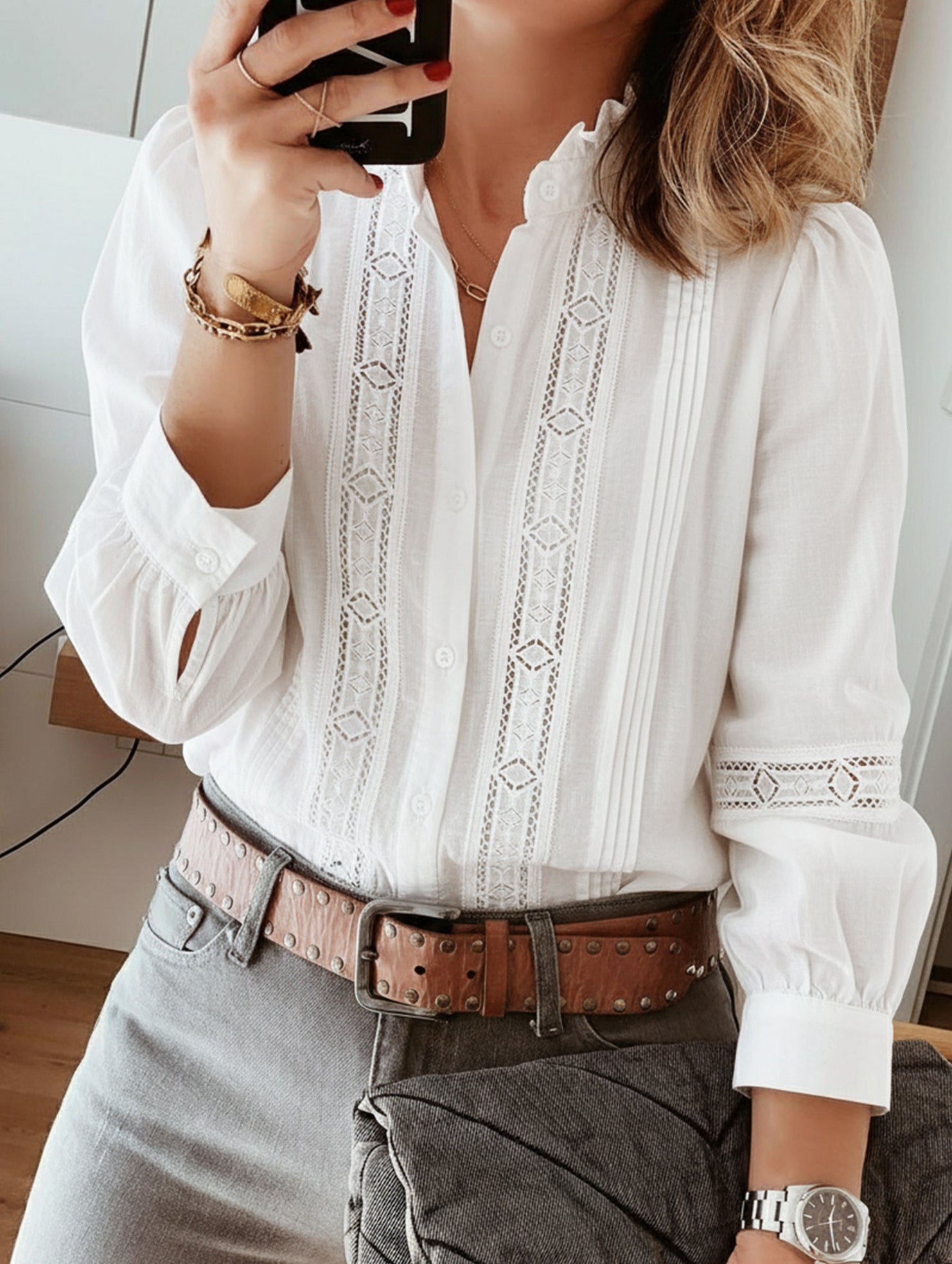 Lace-trimmed stand-collar cutout shirt