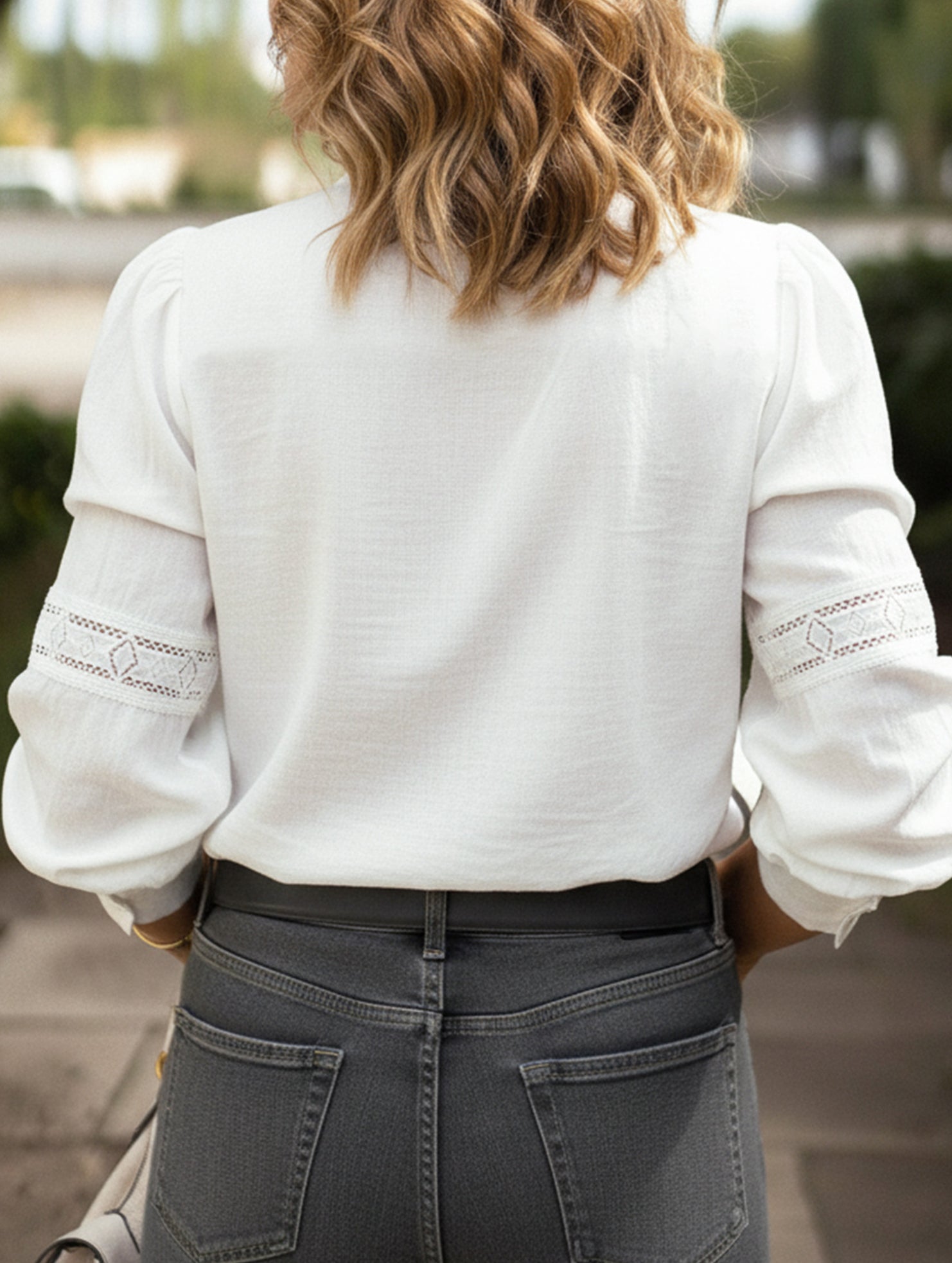Lace-trimmed stand-collar cutout shirt