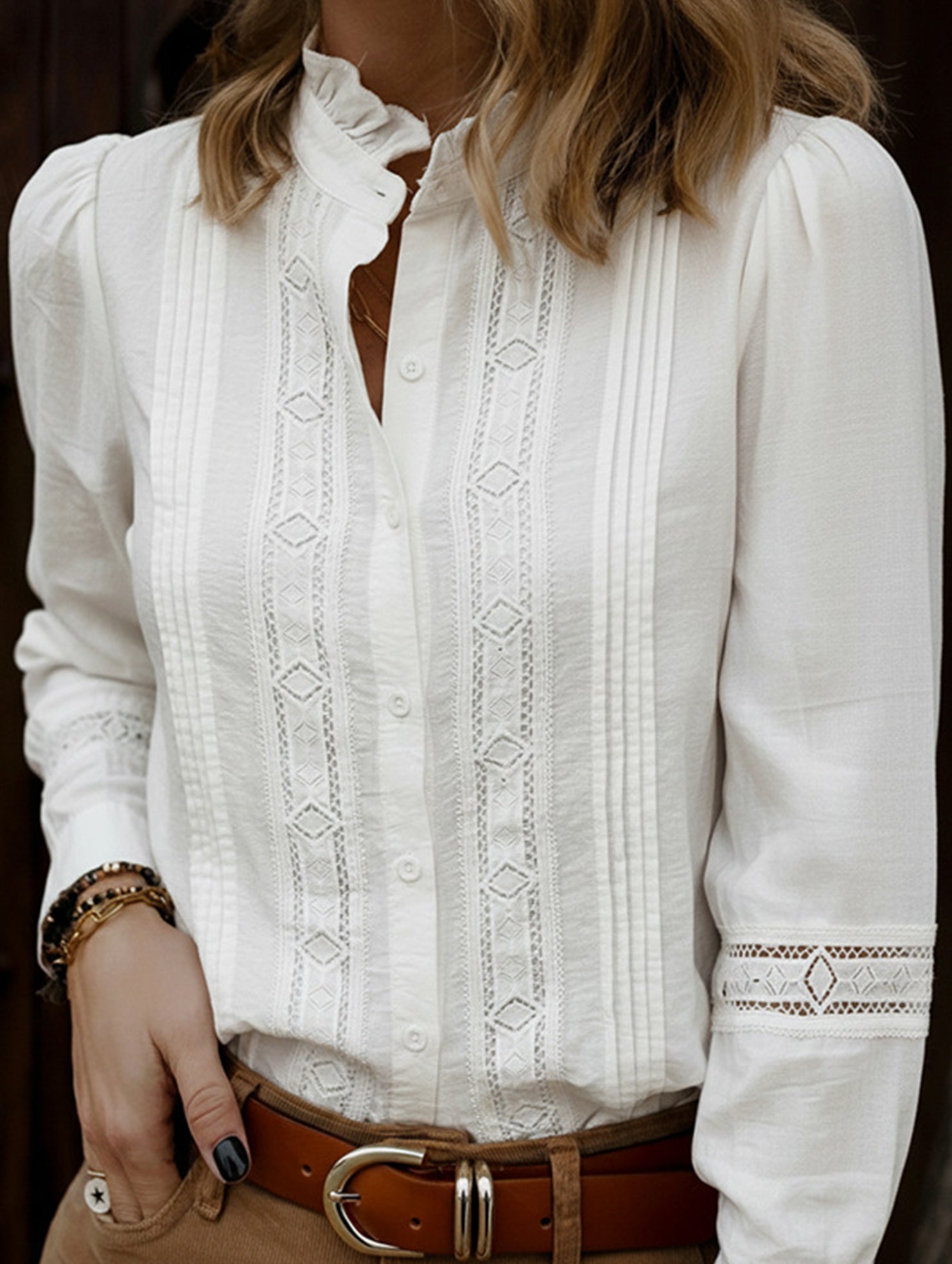 Lace-trimmed stand-collar cutout shirt