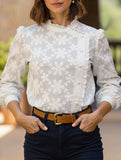 Round neck puff sleeve button embroidered shirt