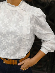 Round neck puff sleeve button embroidered shirt