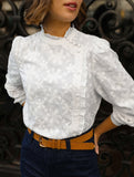 Round neck puff sleeve button embroidered shirt