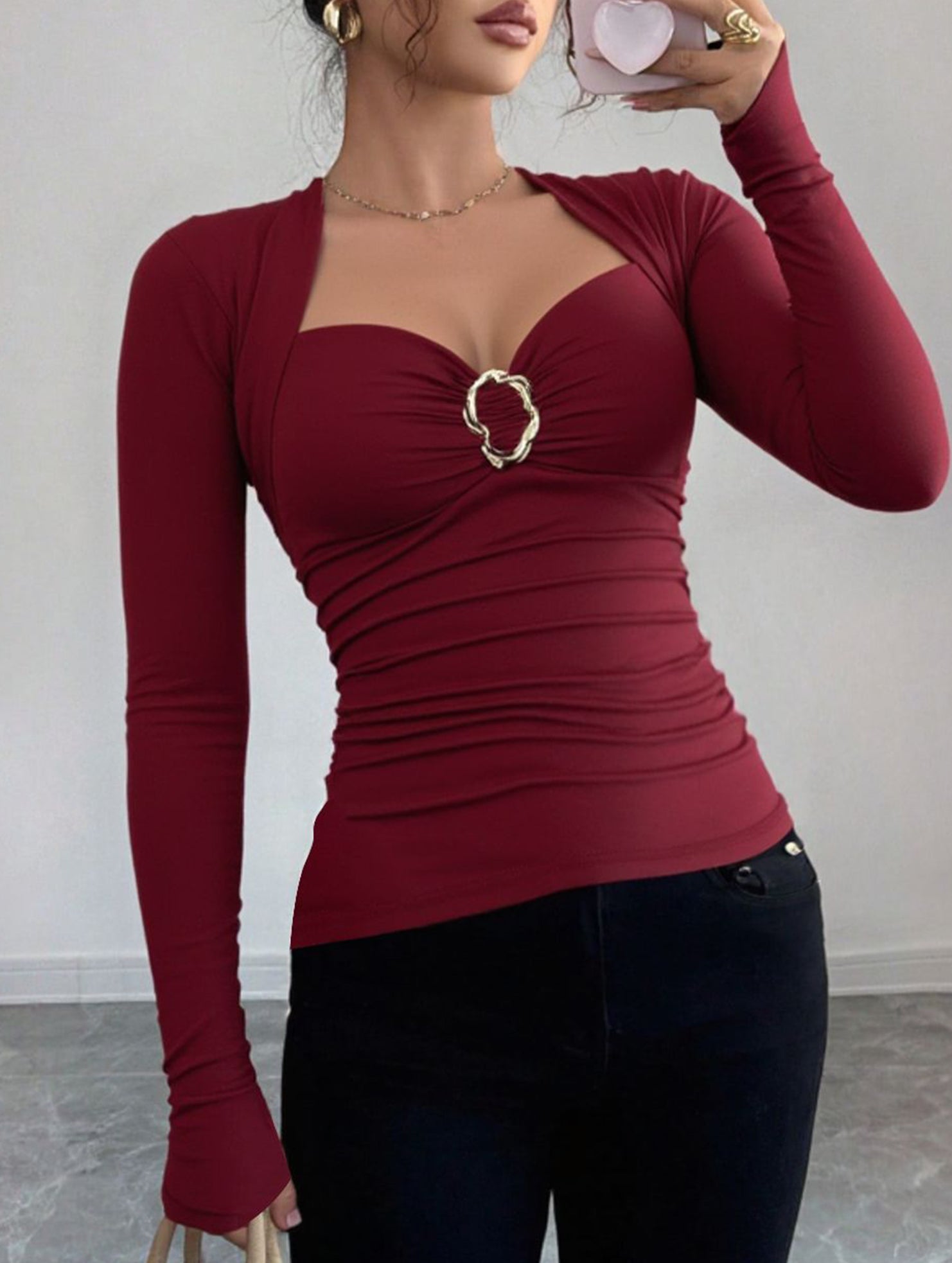 Irregular metal button pleated shirt top