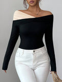 Off-the-shoulder irregular pleats slim-fit long top