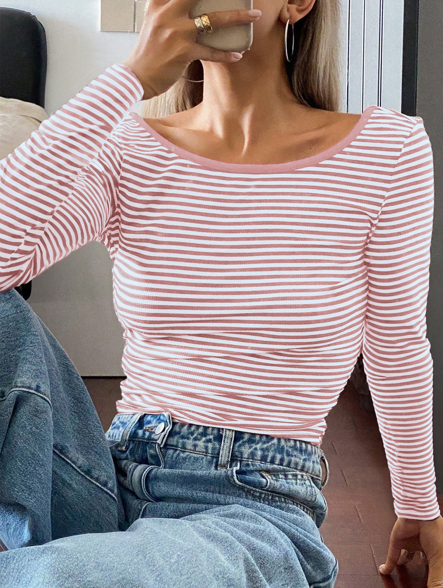Versatile plaid long-sleeved base layer T-shirt