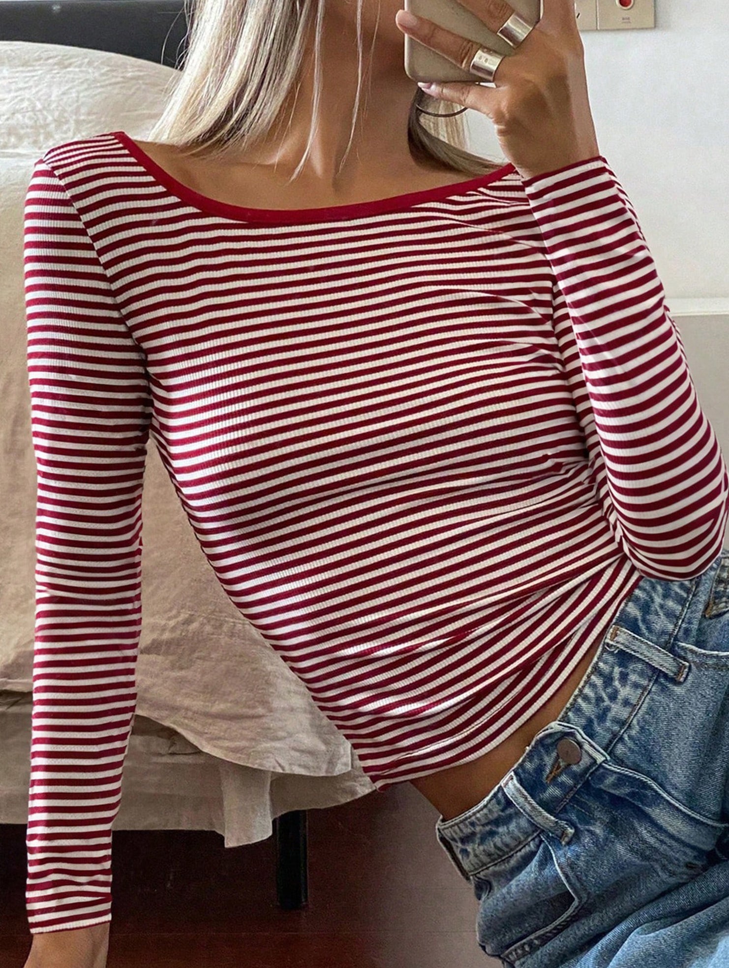 Versatile plaid long-sleeved base layer T-shirt