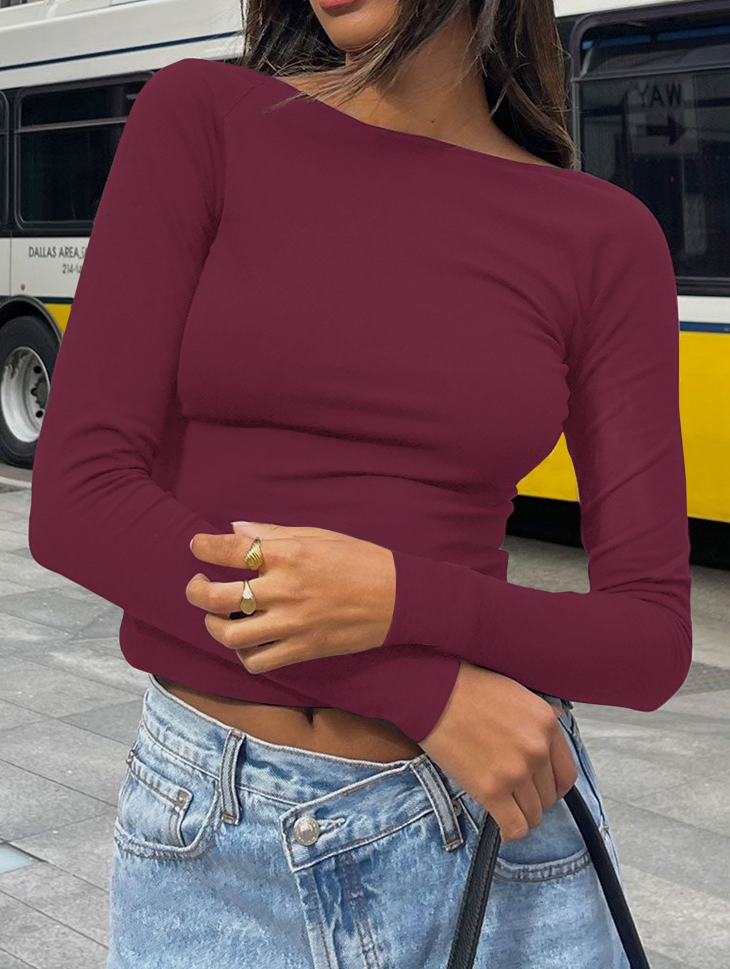 Y2K Slim Fit Long Sleeve Solid Color Base Layer Shirt