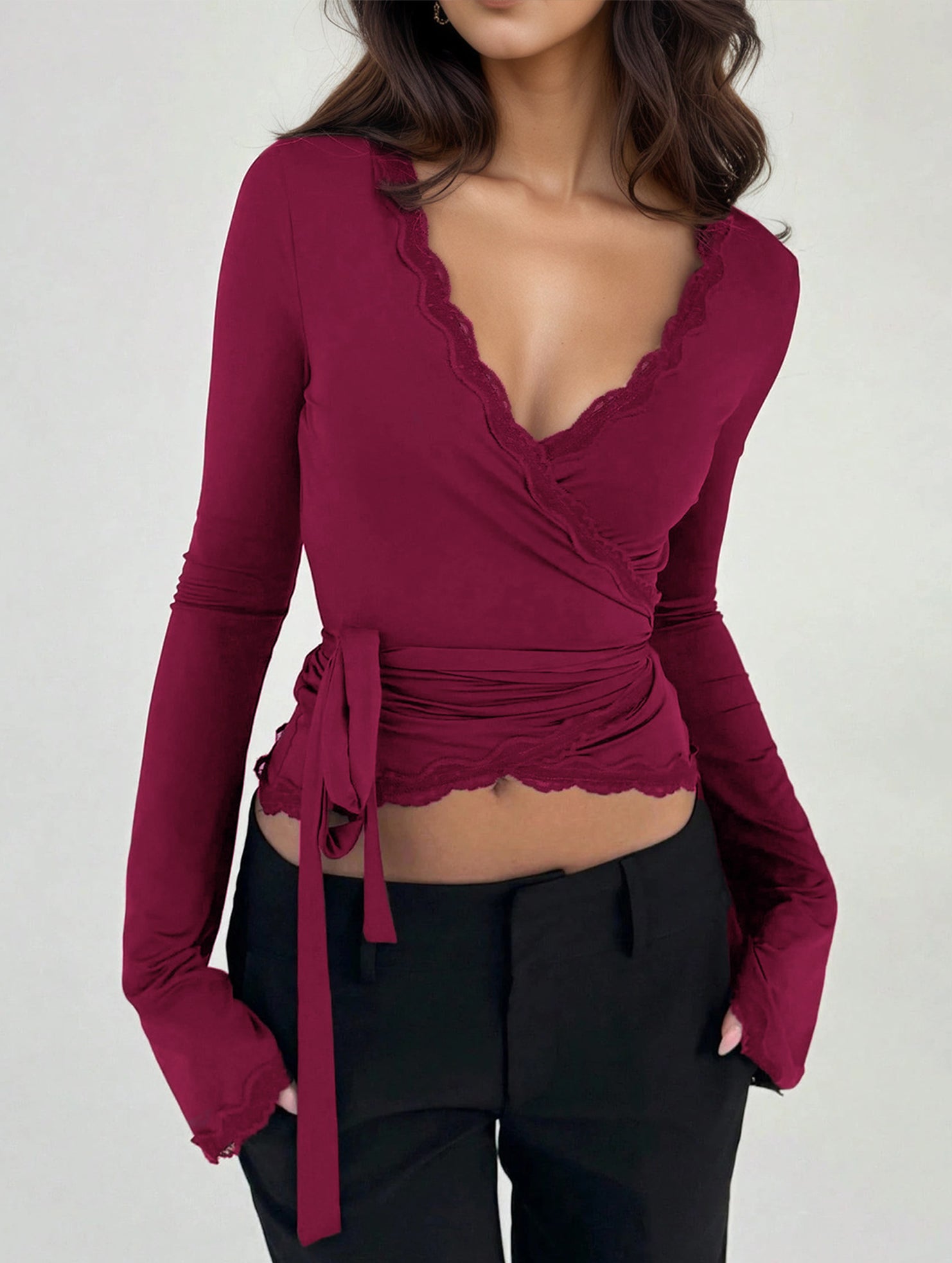 Lace V-neck tie waist bell sleeve shirt