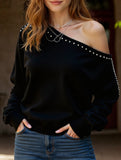 Riveted, one-shoulder long-sleeved knit sweater