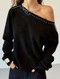 Riveted, one-shoulder long-sleeved knit sweater