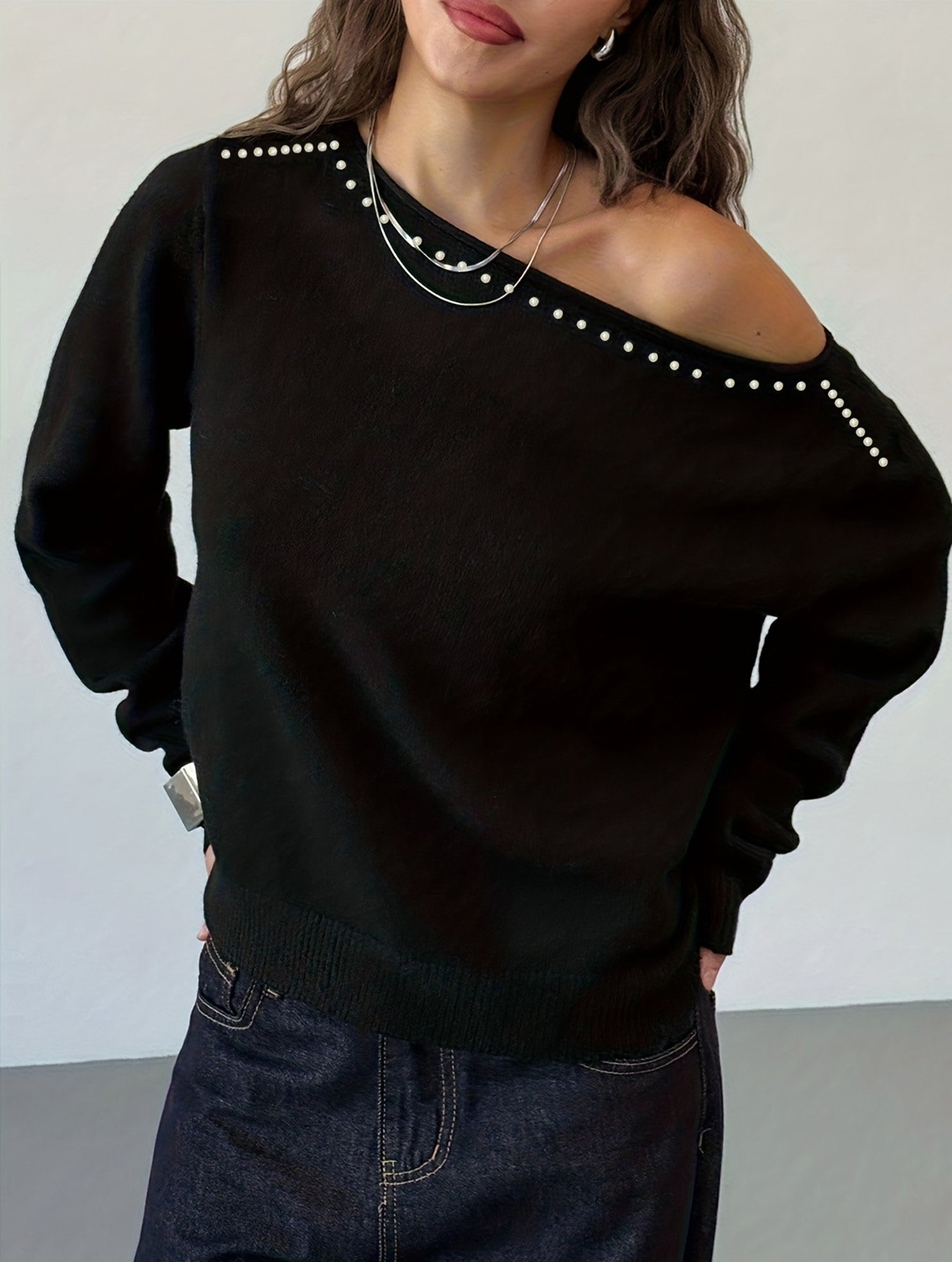 Riveted, one-shoulder long-sleeved knit sweater